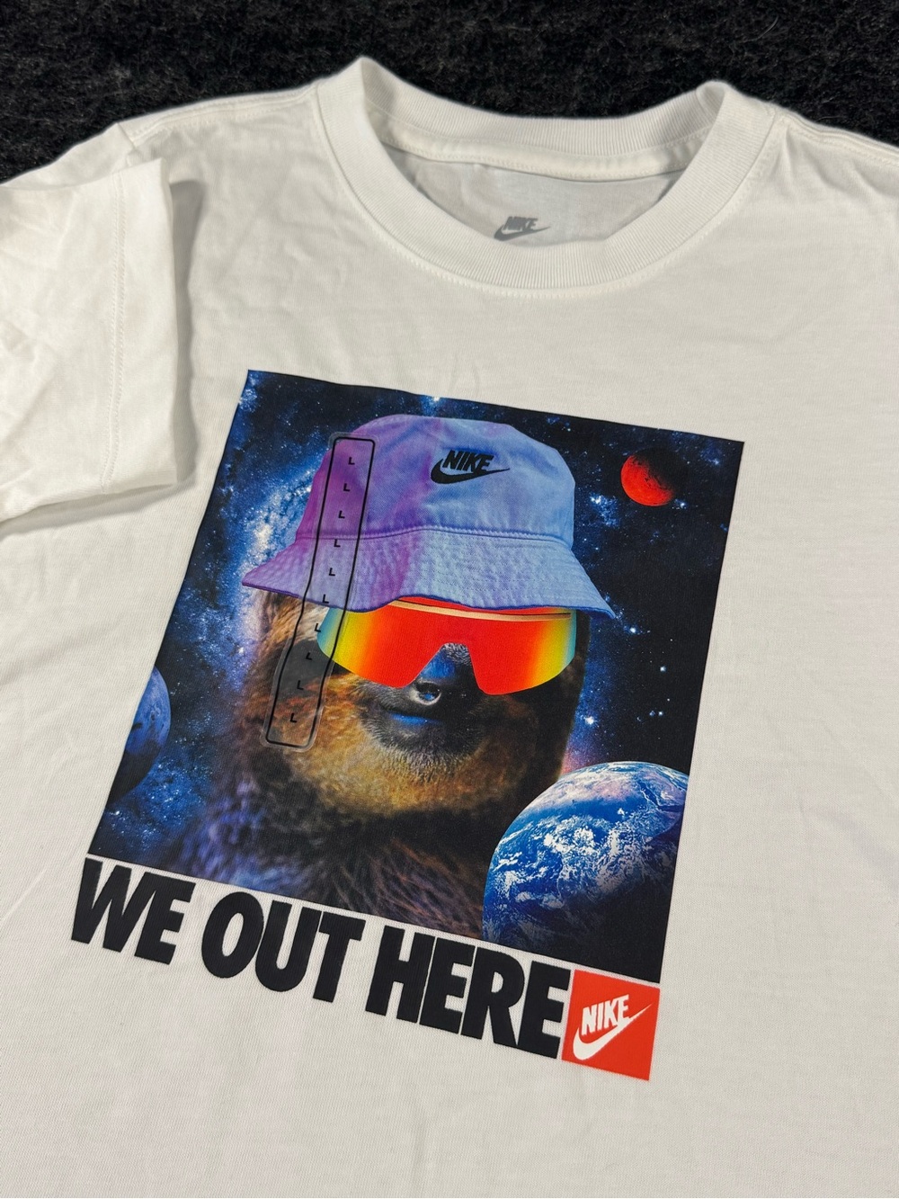 NEW! The Nike Tee Youth L White Crew Neck Cotton Sloth “WE OUT HERE” Graphic Tee